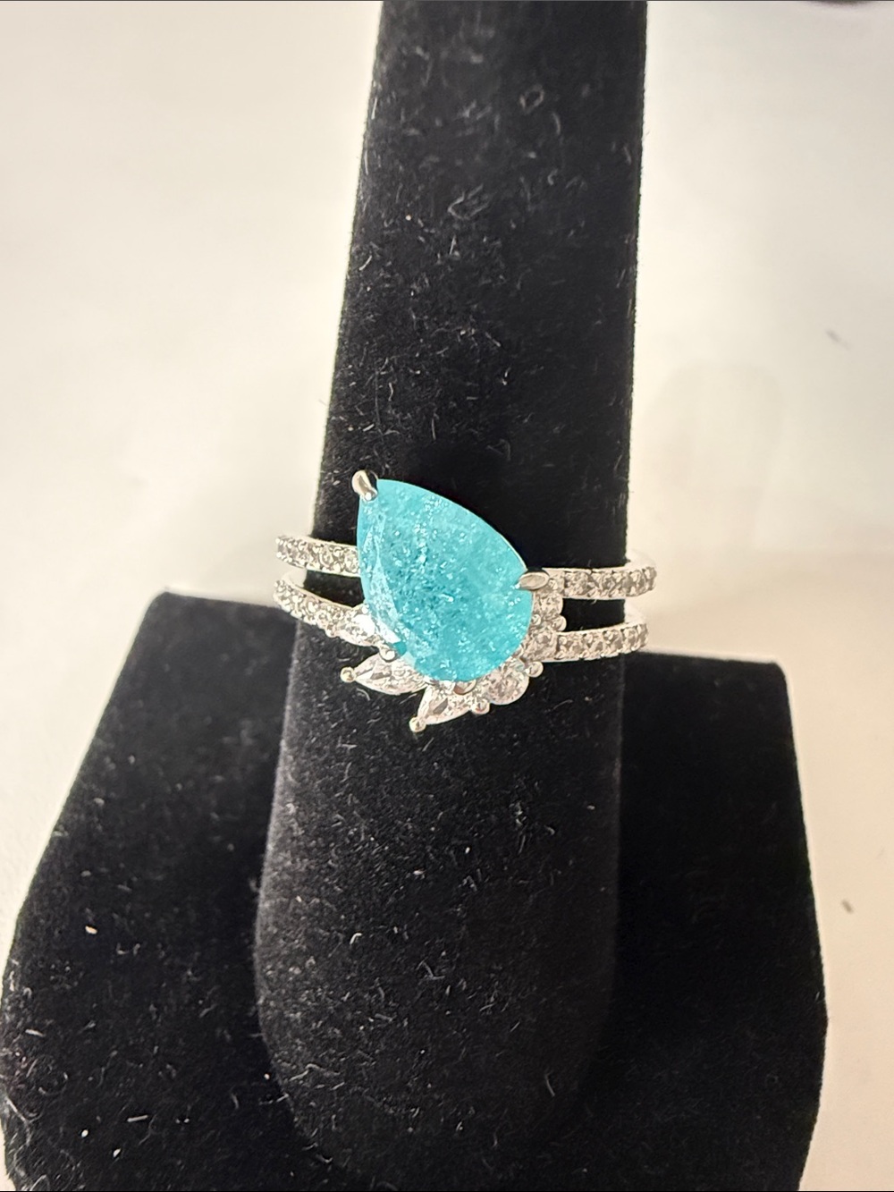 Teardrop Aqua Stone Pavé Silver Ring